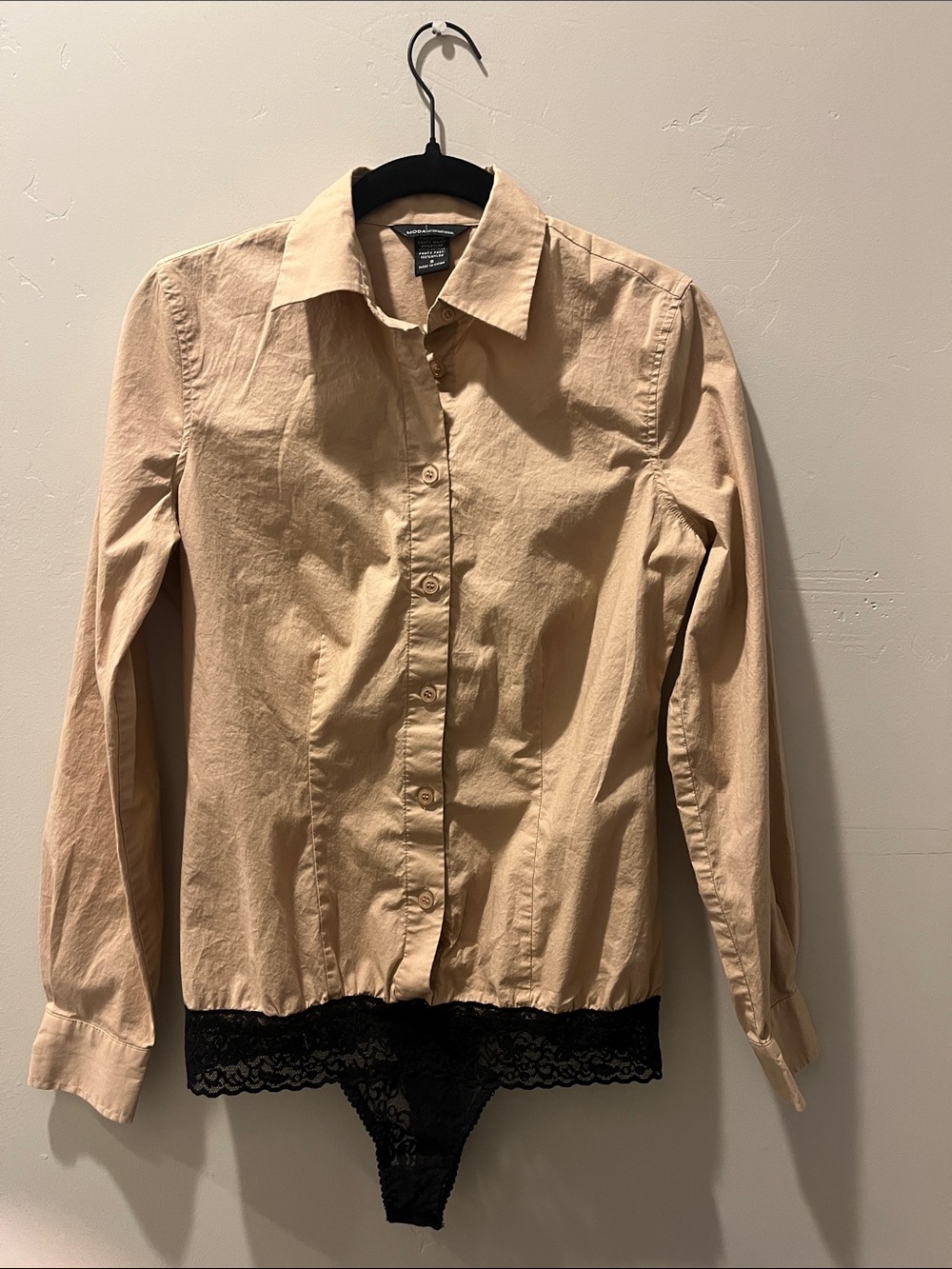 Moda International Women’s Beige Button-Down Bodysuit with Black Lace thong. New
